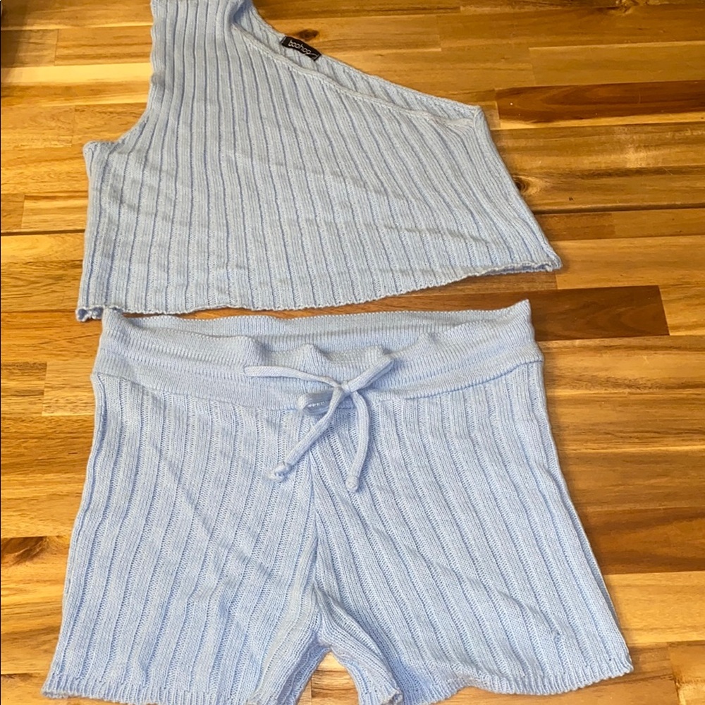 Boohoo Knit Sweater pajama set small Sky Blue one shoulder top & shorts ribbed